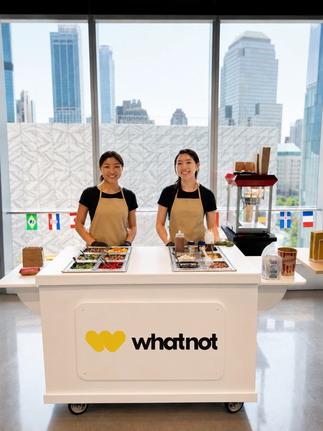 Two attendants at a branded Whatnot office snack bar